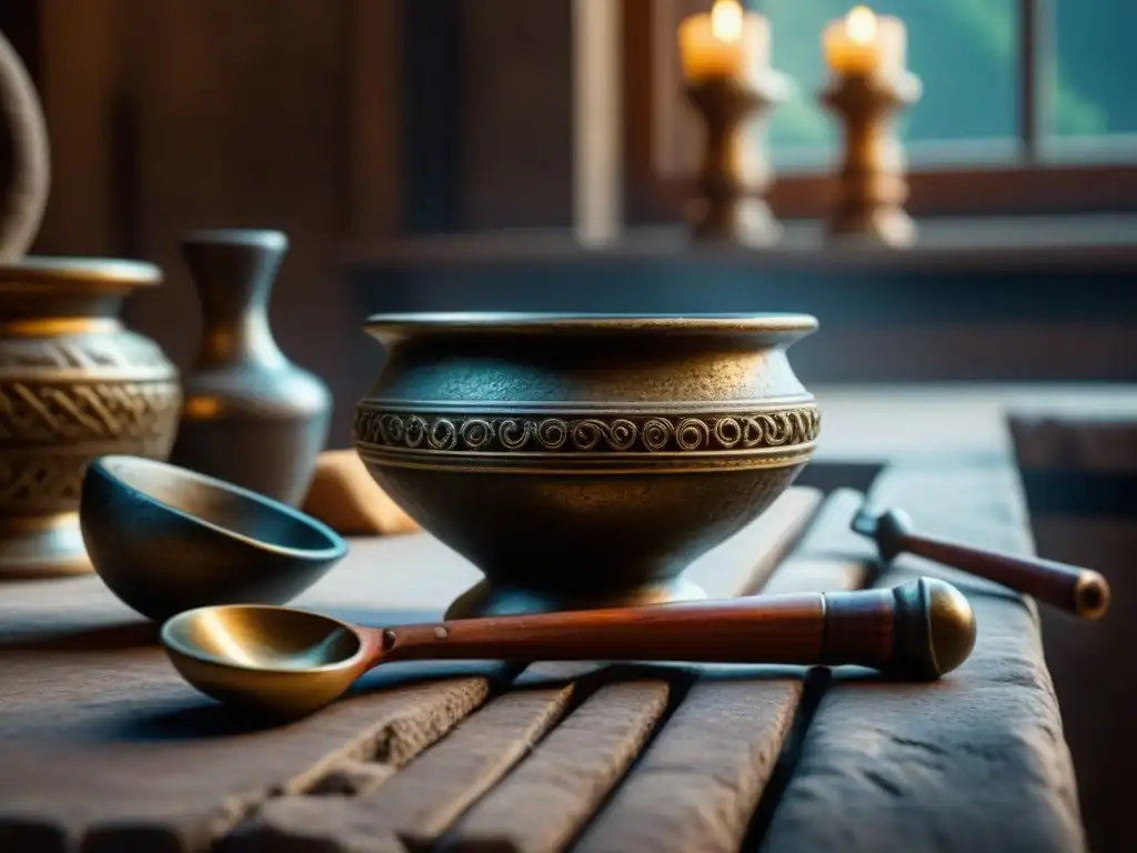 Detalle de herramientas culinarias romanas antiguas en bronce, madera y plata sobre una encimera de piedra