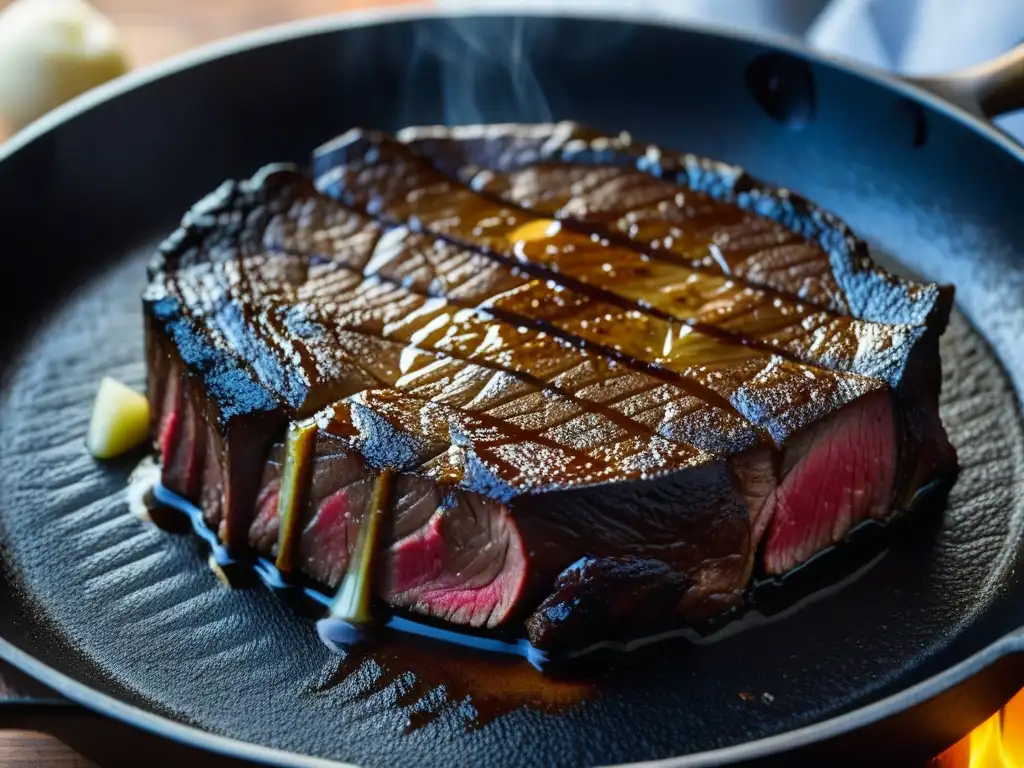 Detalle de sartén de hierro fundido con filete sellado, resaltando tradición culinaria americana