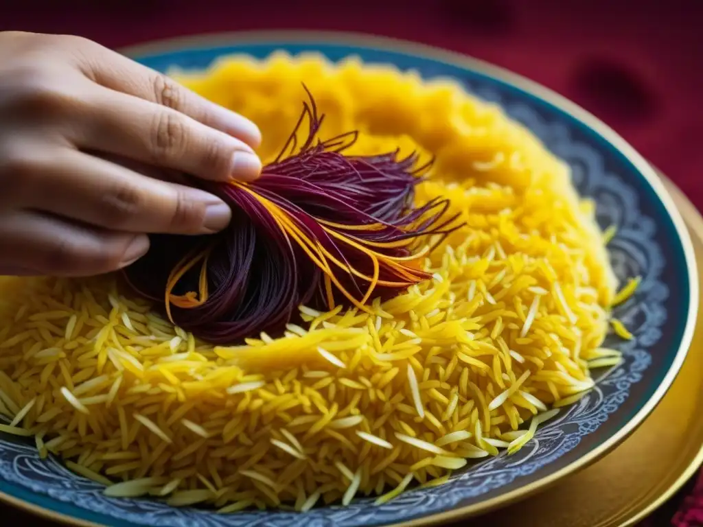 Detalle de hilo de azafrán sobre arroz persa, resaltando la hospitalidad y arte culinario de Persia