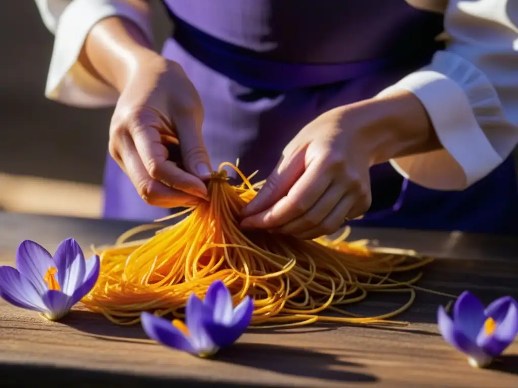 Detalle de la recolección manual de hilos de azafrán de flores de crocus morado, mostrando la historia del cultivo de azafrán con destreza y tradición