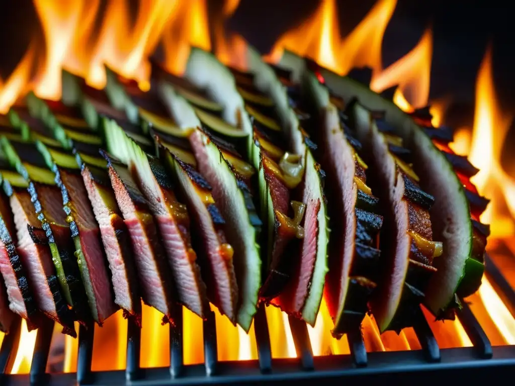 Detalle hipnótico de un asador vertical giratorio con capas de carne sazonada cocinándose lentamente sobre llamas abiertas