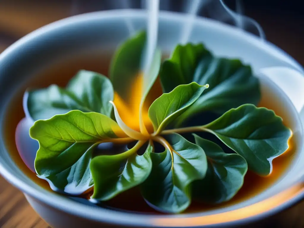 Oolong en infusión: arte y sabor en cada hoja Detalle hipnótico de una hoja de té Oolong desplegándose en agua caliente, revelando patrones y texturas