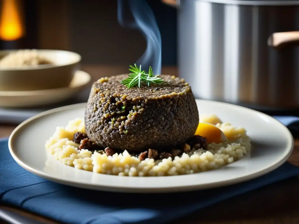 Detalle de la historia gastronómica escocesa en América: haggis tradicional escocés preparado en cocina moderna