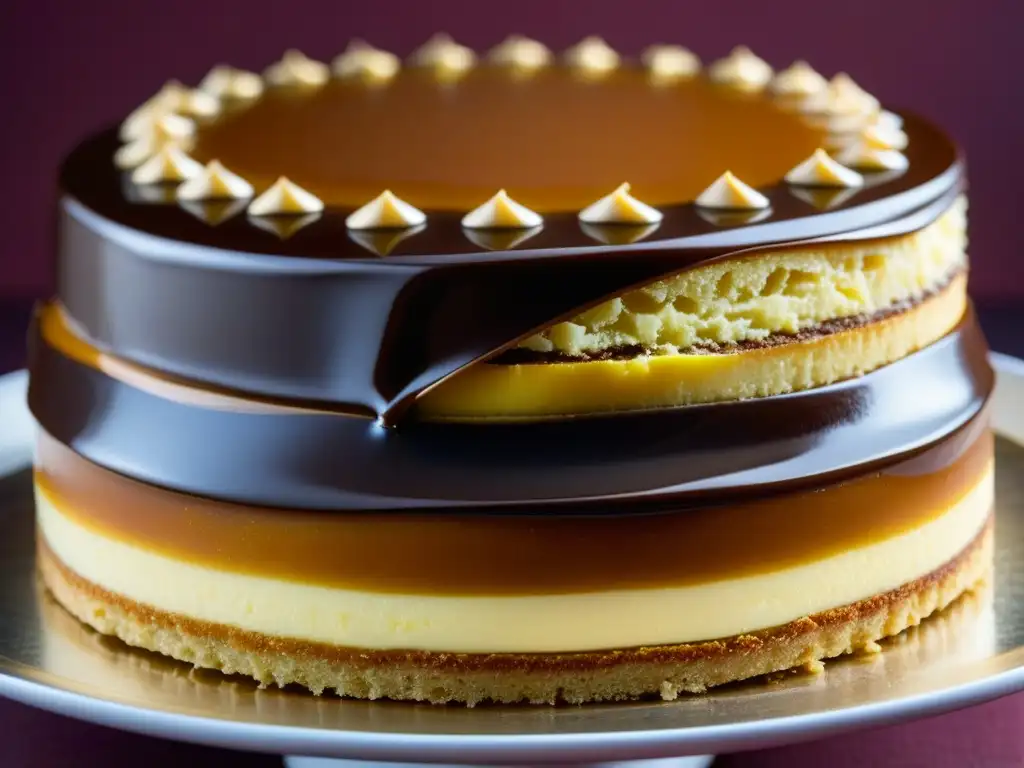 Detalle de una histórica Dobos Torte austrohúngara, con capas de bizcocho dorado, glaseado de chocolate brillante y decoraciones de caramelo