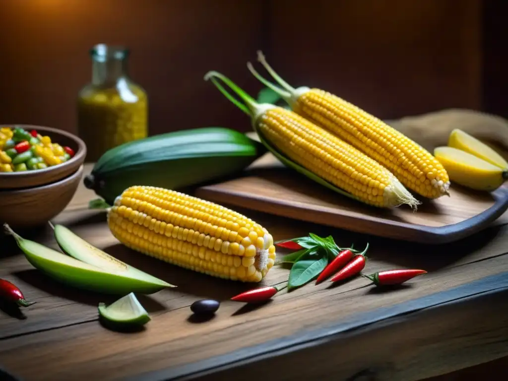 Detalle histórico: Mesa de madera rústica con alimentos tradicionales latinoamericanos