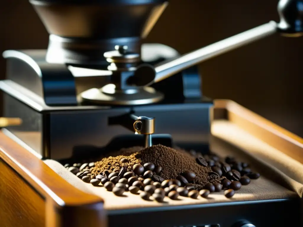 Detalle histórico: molinillo de café antiguo en acción, evolución tecnológica