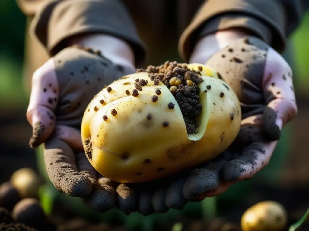 Detalle histórico: mano sostiene una patata recién cosechada, resaltando la importancia histórica de las patatas en la cocina europea