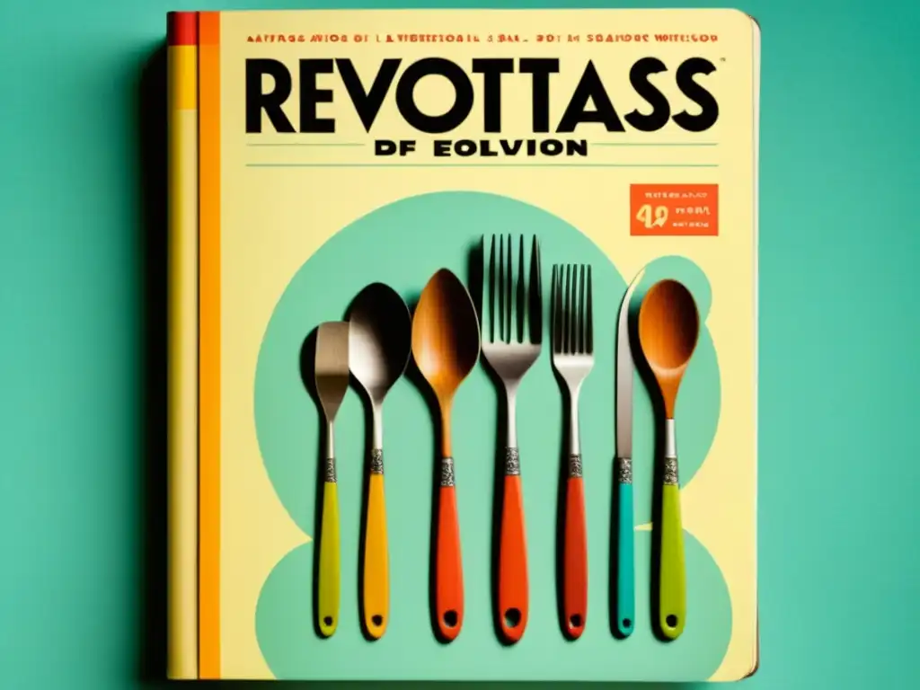 Detalle histórico: portada de revista gastronómica vintage con utensilios y platos del mundo, reflejando su huella histórica