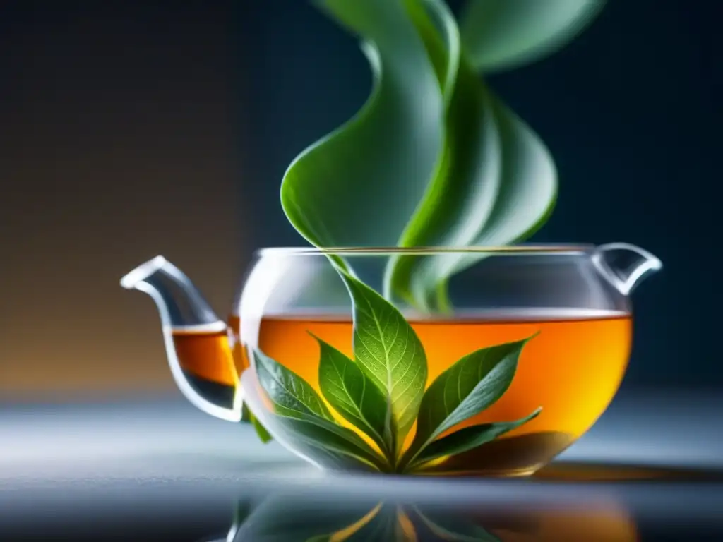 Detalle de una hoja de té desplegándose en agua caliente en una tetera de vidrio, la preparación perfecta té historia