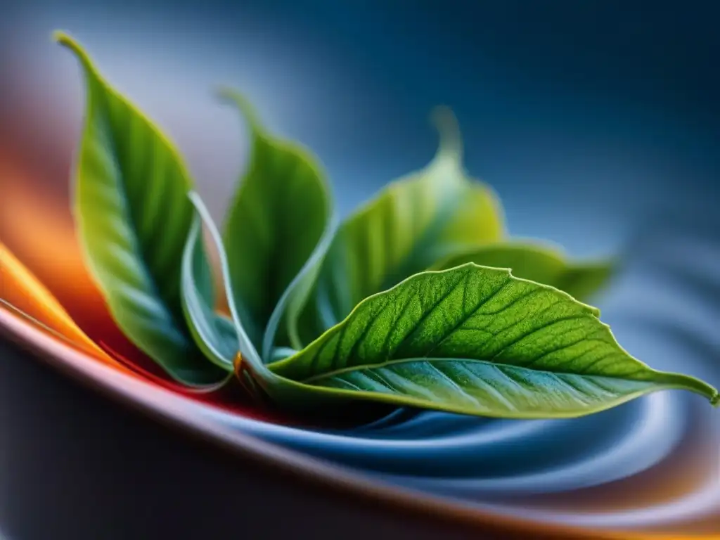 Detalle de hoja de té desplegándose en agua caliente, simbolizando la historia de rutas comerciales del té