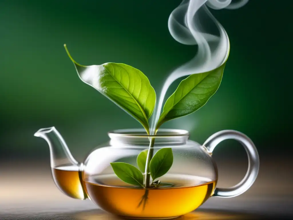 Infusión de té: hoja desplegándose en agua caliente Detalle de una hoja de té desplegándose en agua caliente, creando una atmósfera de ensueño