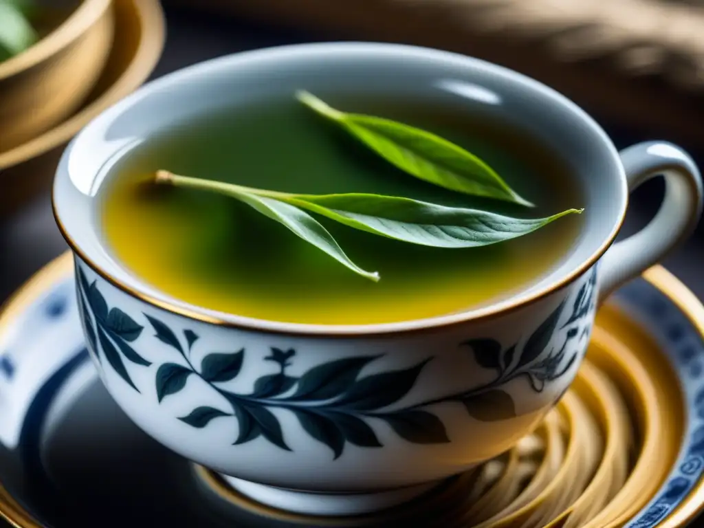 Detalle de hoja de té blanco chino desplegándose en agua caliente, reflejando la historia del té en China