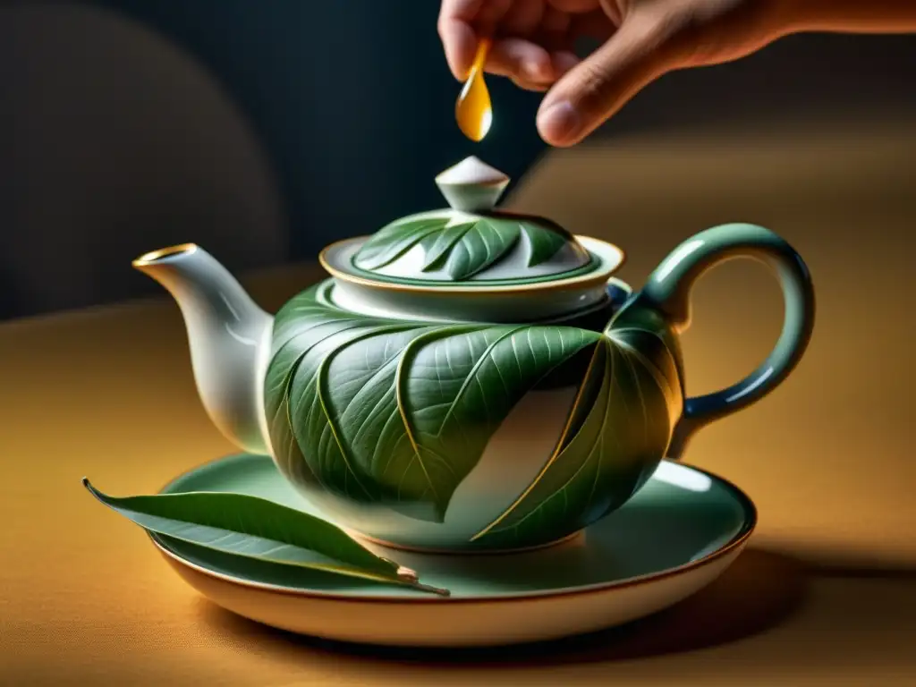 Detalle de una hoja de té siendo colocada en una tetera antigua, resaltando la historia del té en China y Japón