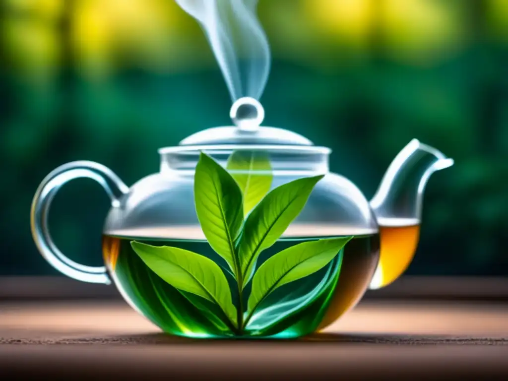 Sumergiendo hoja de té en tetera de vidrio: belleza natural Detalle de una hoja de té sumergiéndose en una tetera de cristal transparente, mostrando la historia del té a través del arte de la preparación