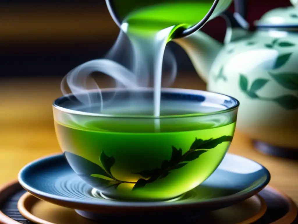 Detalle de hoja de té verde en infusión con agua caliente en ceremonia china tradicional, capturando la esencia de la Ruta del Té China Tradiciones