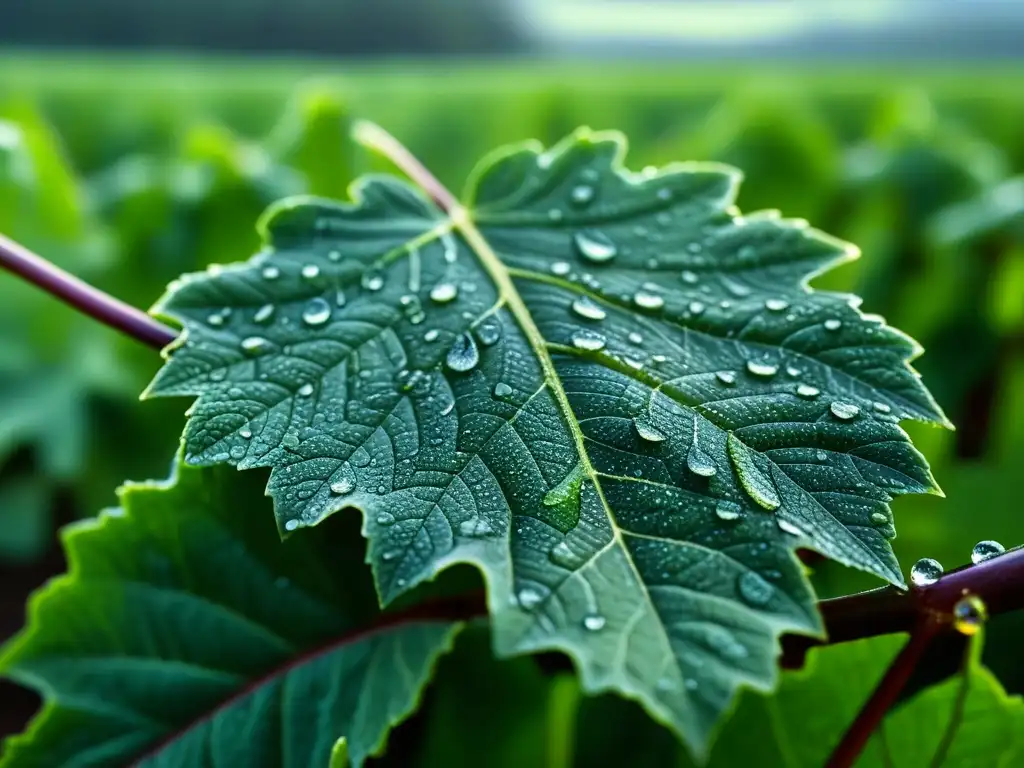 Detalle de hoja de vid con rocío matutino, destacando sus venas y gotas de agua, entre viñedos verdes