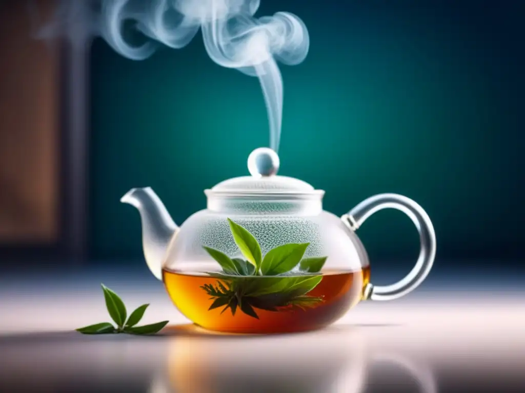 Detalle de hojas de té desplegándose en agua caliente, revelando patrones y texturas, con vapor sutil al fondo