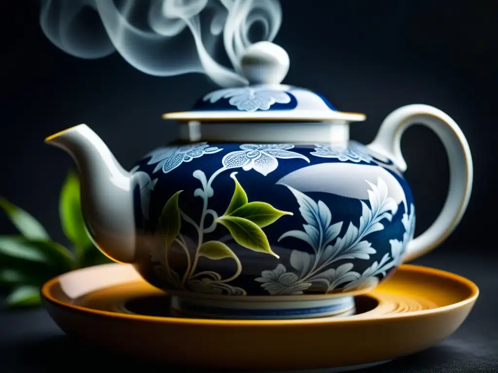 Detalle de hojas de té en una tetera china tradicional, con influencia histórica del té en recetas