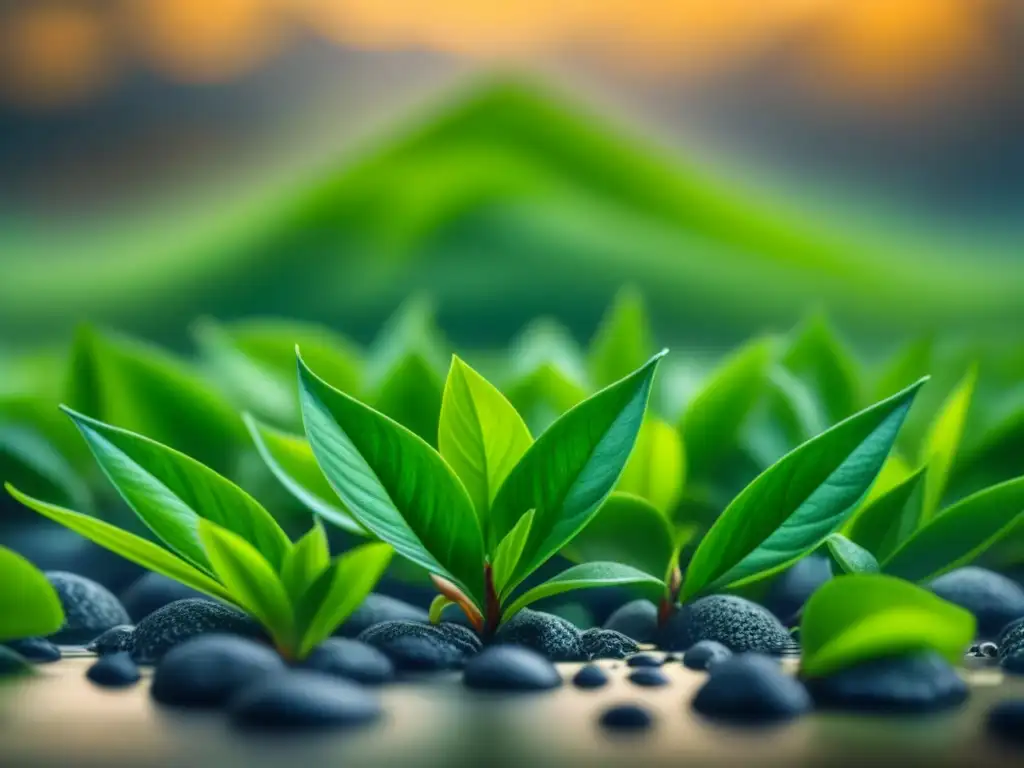 Detalle de hojas de té verde desplegándose en agua caliente, con gotas de agua, en una ceremonia de té asiática