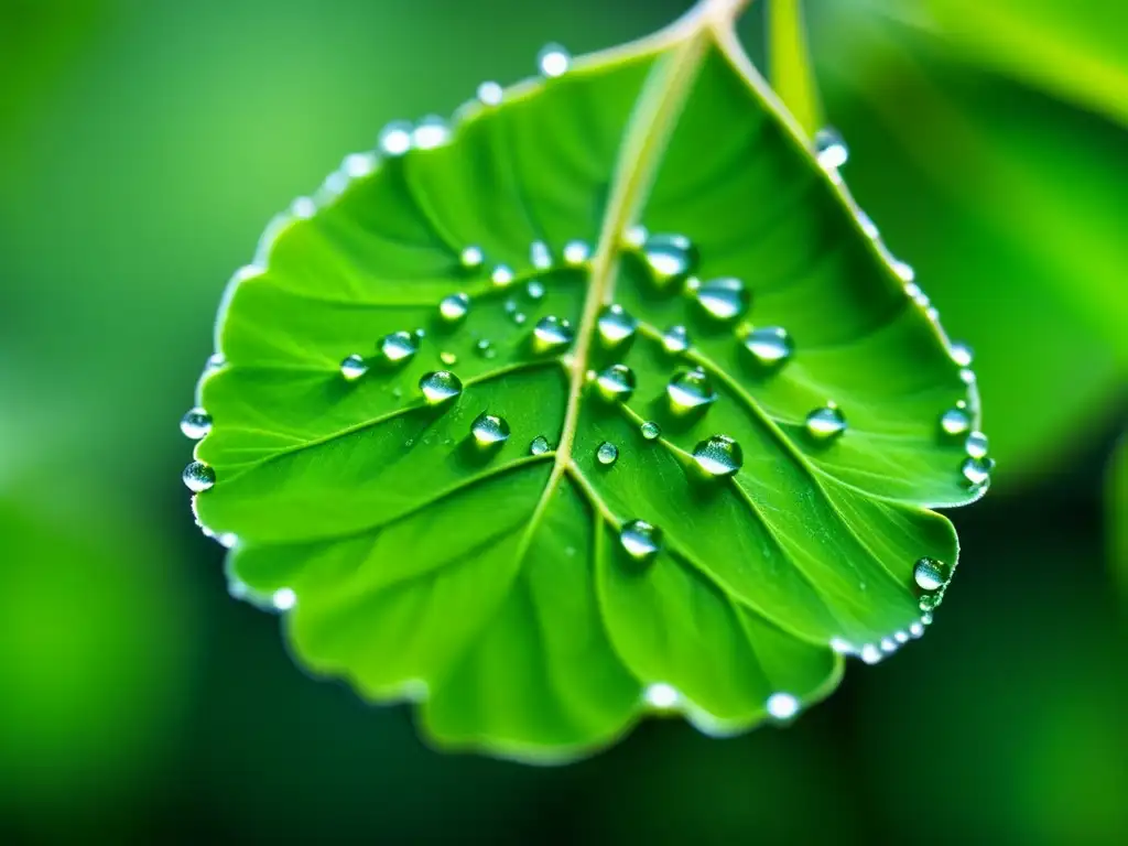 Detalle de hojas de moringa verde brillante con rocío bajo la luz matutina