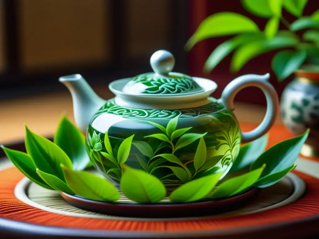 Detalle de hojas de té verde desplegándose en una ceremonia china, resaltando la historia del té en culturas