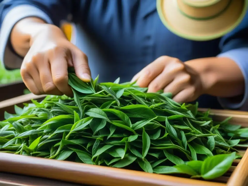 Detalle de hojas de té verde recién cosechadas en plantación china, con historia cultural