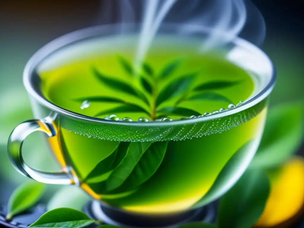 Detalle de hojas de té verde desplegándose en taza humeante, con beneficios antioxidantes del té histórico