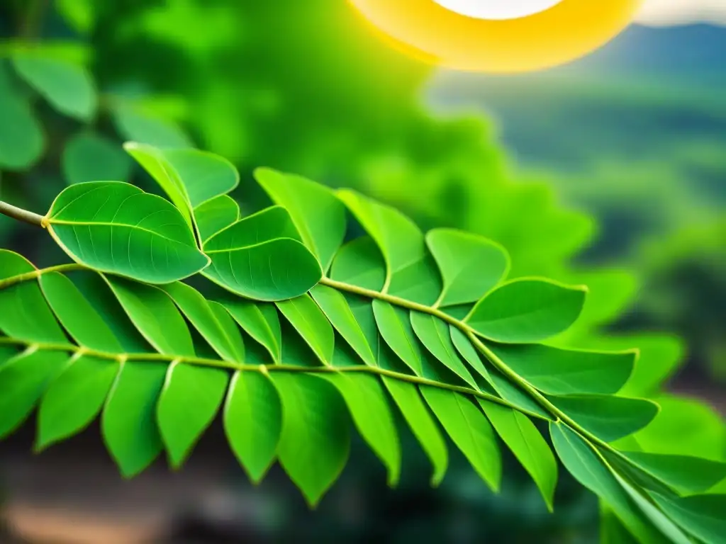 Detalle de hojas vibrantes de Moringa en paisaje indio soleado, resaltando venas y texturas