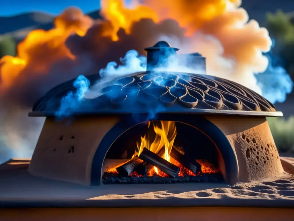 Detalle de horno de barro con fuego y humo, resaltando la importancia cultural de las técnicas de cocción tradicionales