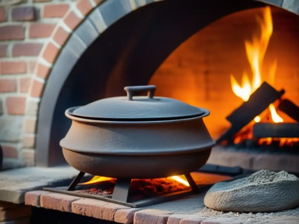 Detalle de un horno de leña medieval cocina con ladrillos y llamas danzantes, evocando una escena culinaria antigua