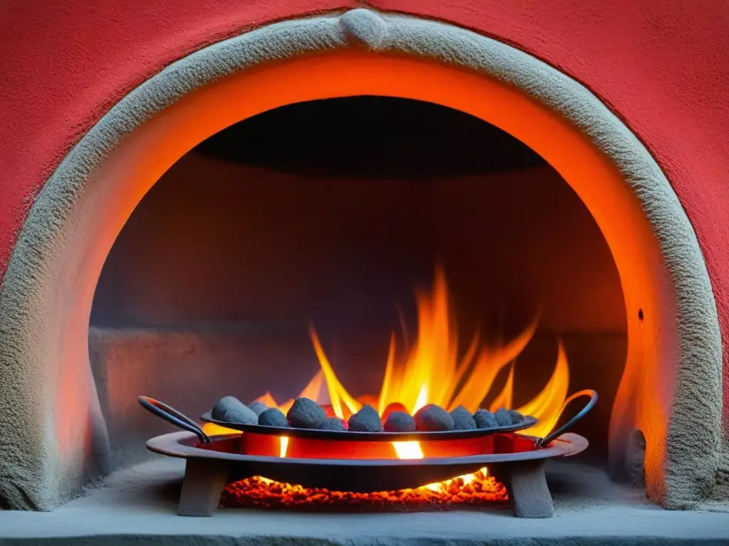 Detalle de horno tandoor de barro, iluminado por brasas rojas, reflejando la rica historia del origen tandoori chicken historia