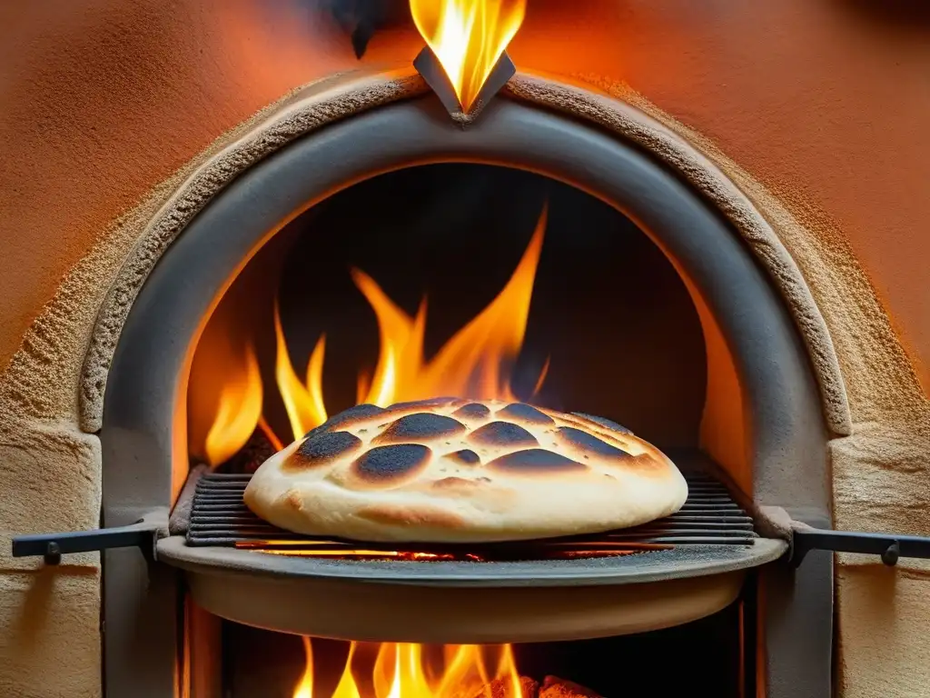 Detalle de un horno tandoor surasiático tradicional cocinando naan, mostrando texturas y sabores únicos