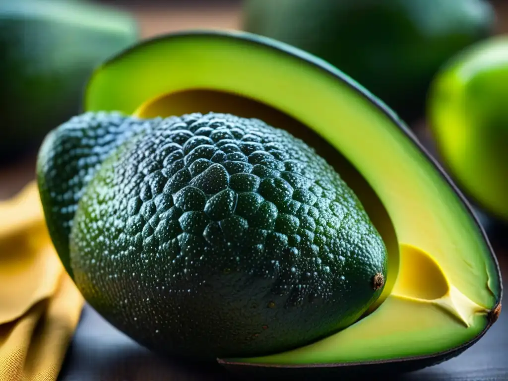 Detalle impresionante de un aguacate maduro, su piel verde oscuro brillando bajo la luz natural