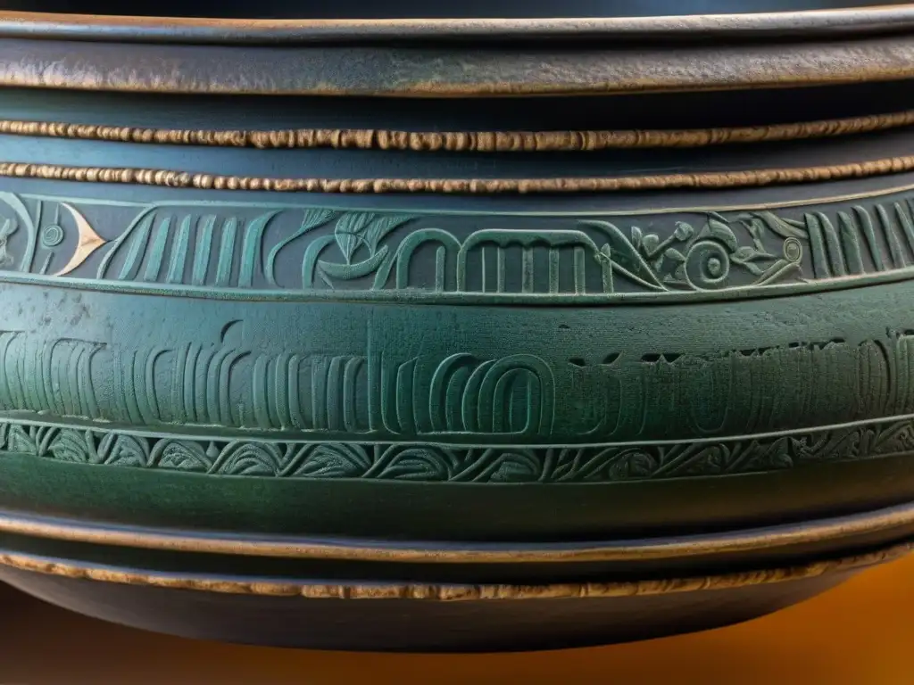 Detalle impresionante de una antigua olla romana con grabados icónicos