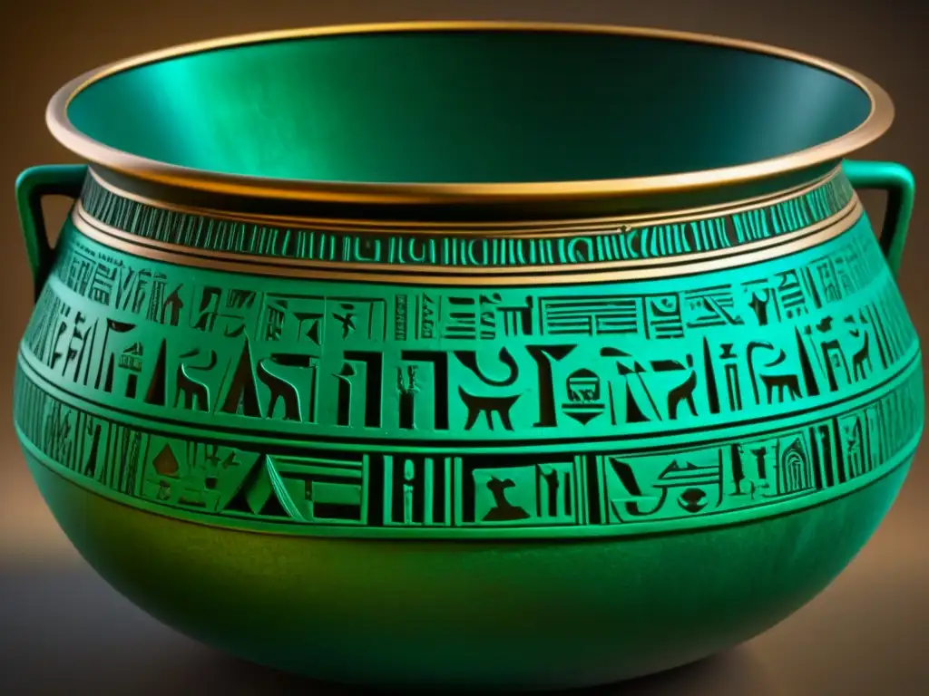 Detalle impresionante de una antigua olla de cocina de bronce egipcia con intrincados grabados de jeroglíficos