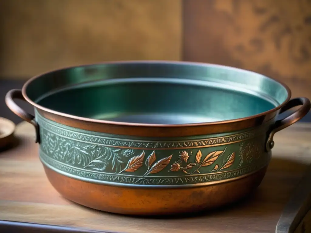 Detalle impresionante de un antiguo cazo de cobre para conservar alimentos, con grabados botánicos y un rico patinado
