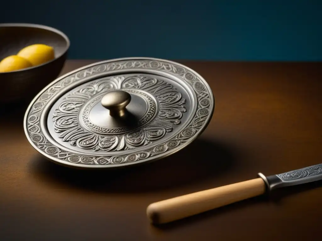 Detalle impresionante de un antiguo utensilio de cocina, resaltando grabados y pátina envejecida