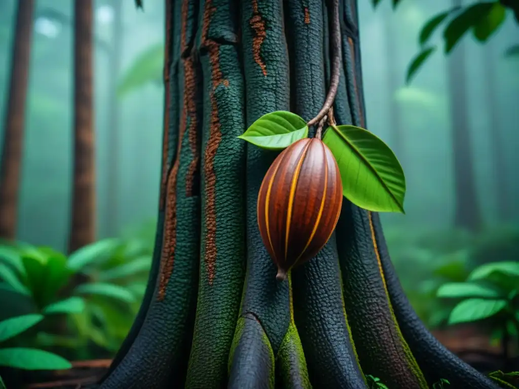 Detalle impresionante del árbol de cacao en la selva amazónica