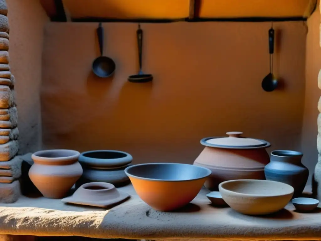 Detalle impresionante de la arquitectura culinaria Inca en diseño de cocina, con hornos de piedra, ollas de barro y utensilios antiguos