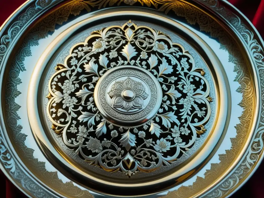 Detalle impresionante de una bandeja de plata Mughalera, realzando la relevancia cultural de las recetas históricas Mughal