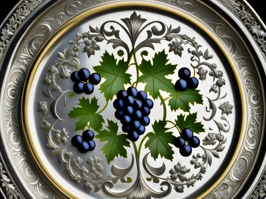 Detalle impresionante de una bandeja de plata bizantina con grabados de uvas y filigranas, reflejando opulencia y sofisticación