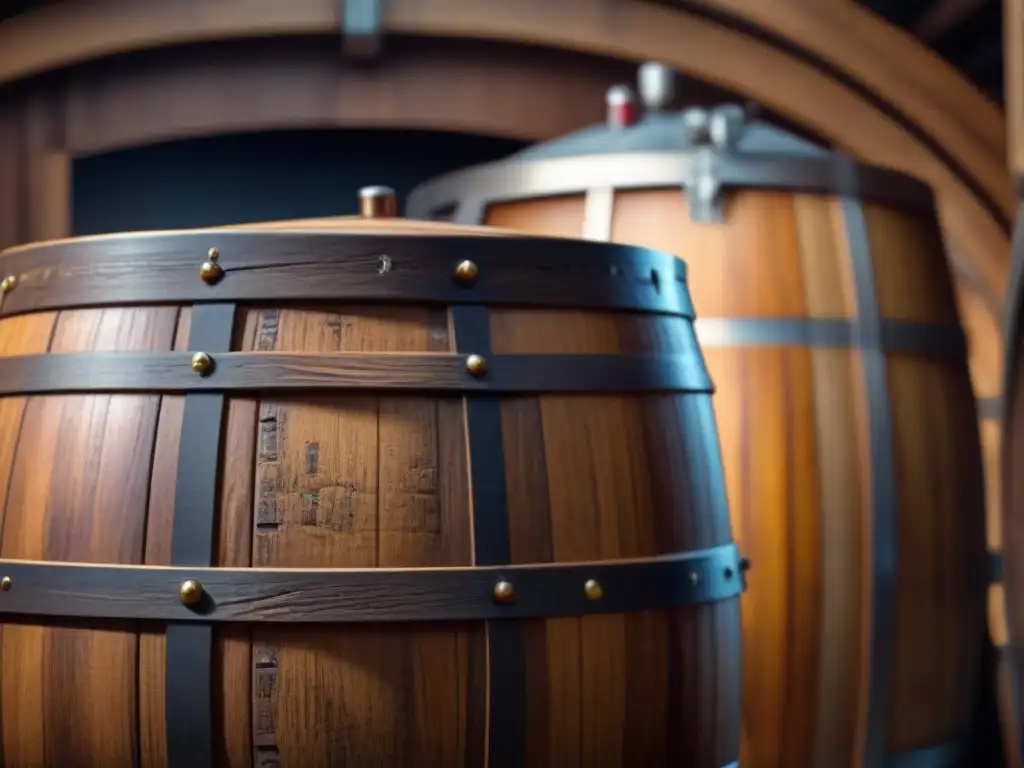 Detalle impresionante de barril de madera para fermentación de cerveza, resaltando técnicas de historia y artesanía