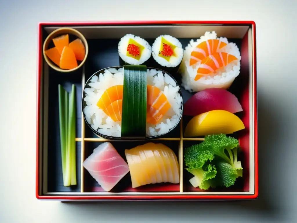 Detalle impresionante de un bento japonés tradicional con sushi, onigiri y sashimi