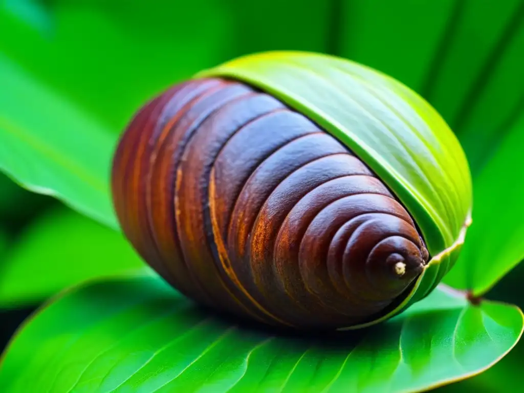 Detalle impresionante del cacao entre hojas verdes, resaltando su importancia cultural en las Islas del Pacífico