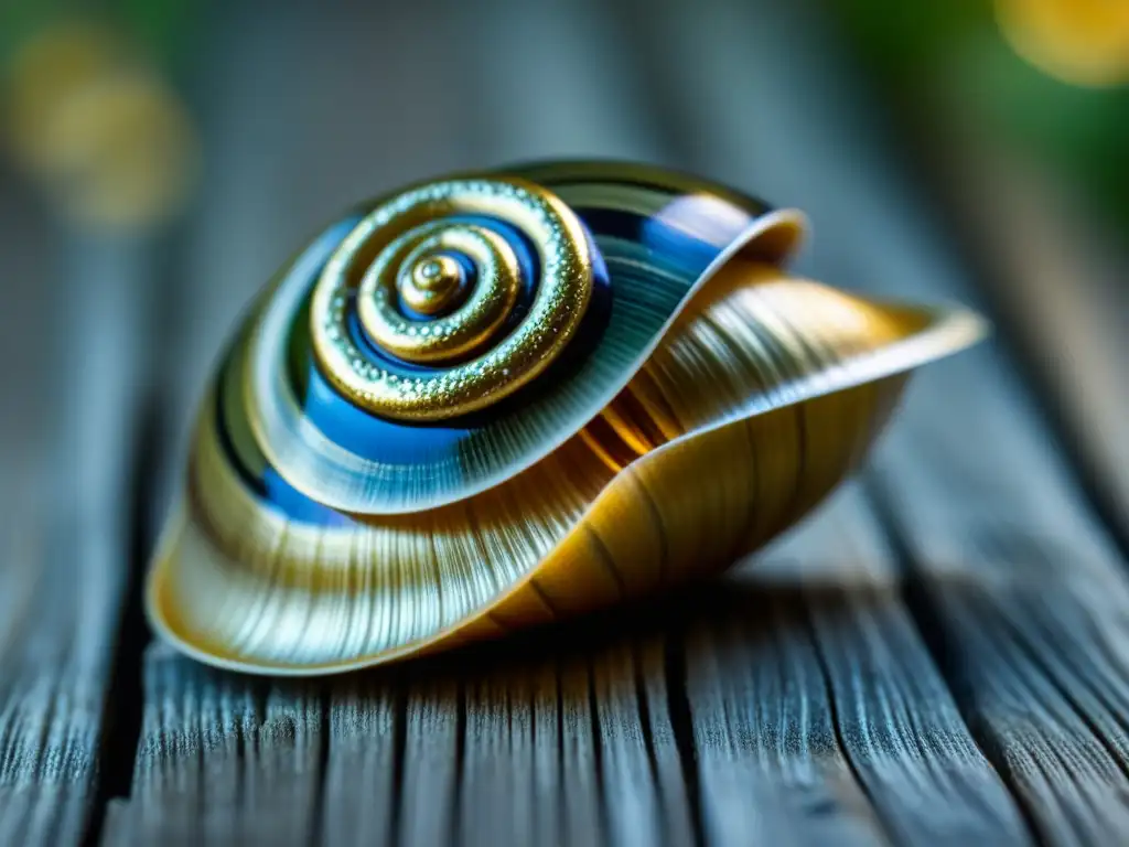 Detalle impresionante de un caparazón de caracol decorado sobre mesa de madera