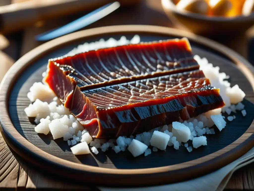 Detalle impresionante de carne curada PreVikinga en perfecto estado, resaltando conservación de alimentos en PreVikingos