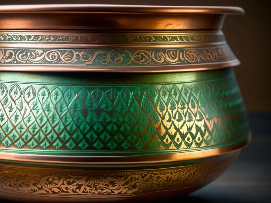 Detalle impresionante de un cazo de cobre Mughal con grabados florales, patina rica