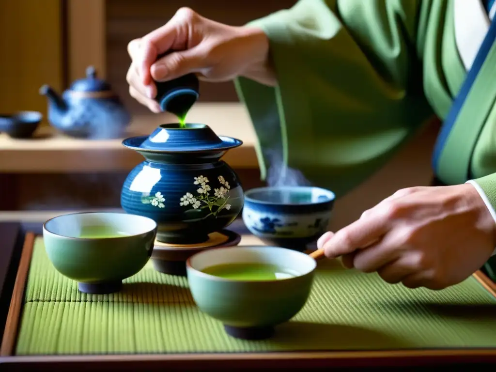 Detalle impresionante de una ceremonia del té japonés en la Era Edo, destacando la elegancia en la Alimentación en la Era Edo