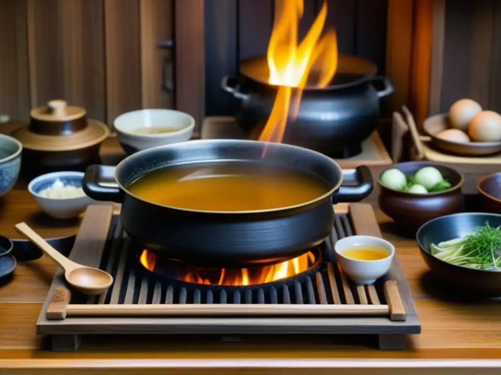 Detalle impresionante de una cocina de la época Kamakura, con sabores básicos y utensilios tradicionales japoneses en una escena culinaria evocadora