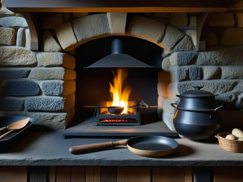 Detalle impresionante de una cocina medieval, mostrando restos de fuegos antiguos y utensilios